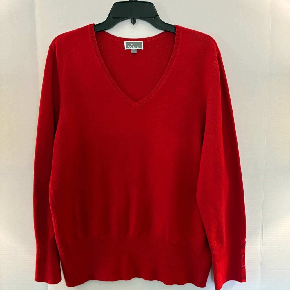 JM Collection Sweater Womens XL Red Button Cuff Crew Neck Knit Pullover Classic